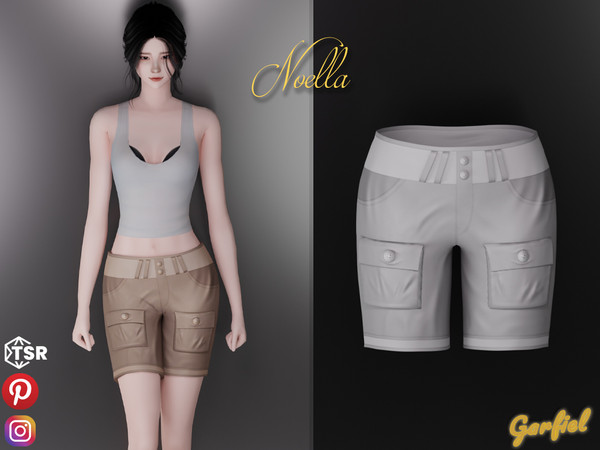 Sims 4 — Noella - Shorts with buttoned pockets by Garfiel — Cute women's glittery mid-length shorts with lots of folds
