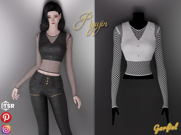 Sims 4 — Ryujin - Leather vest and net top by Garfiel — Cute K-pop style top consisting of leather slightly shiny vest