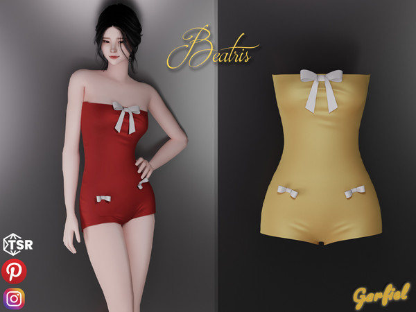 Sims 4 — Beatris - Silk jumpsuit with bows by Garfiel — Cute shiny female outfit is perfect for sleep and parties