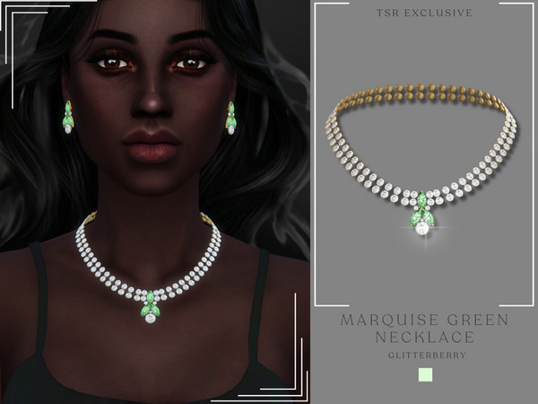 Sims 4 — Marquise Green Necklace by Glitterberryfly — Green and diamond necklace with a gold backing