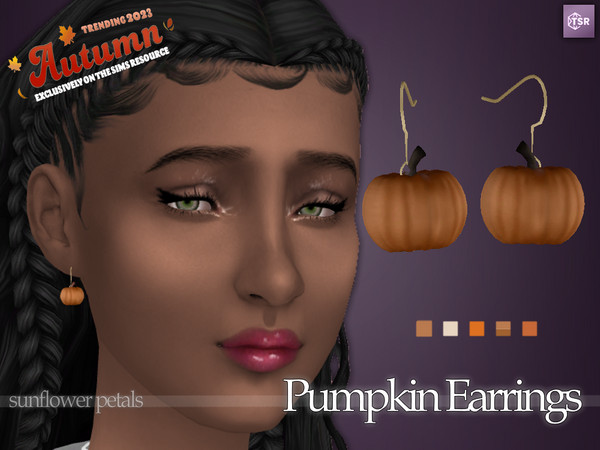 Sims 4 — Pumpkin Earrings by SunflowerPetalsCC — A pair of pumpkin shaped earrings in 5 orange shades.