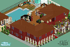 Sims 1 — Paradise Mansion by Alyosha — First floor: Indoor concert hall, kitchen and dining room, living room, staircase