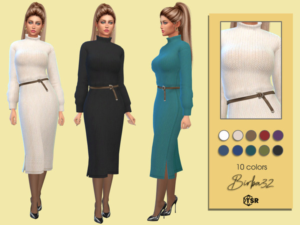 Sims 4 — Alina Wool Dress by Birba32 — A long dress made in warm wood, in 10 colors with belt.