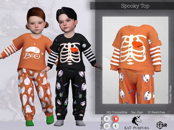 Sims 4 — Spooky Top by KaTPurpura — Striped long-sleeved pajama top, with Halloween-themed short-sleeved t-shirt