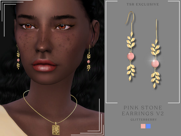 Sims 4 — Pink Stone Earring v2 by Glitterberryfly — A drop down gold leaf earring with a pink stone