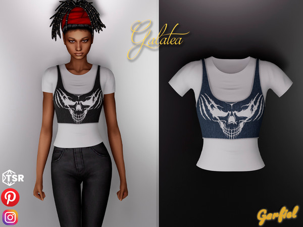 Sims 4 — Galatea - Short tank top over t-shirt by Garfiel — Cute rock and roll print top