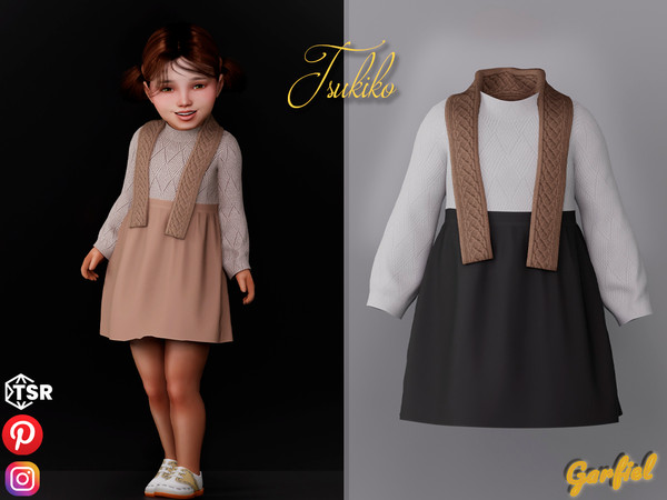 Sims 4 — Tsukiko - Cute fall outfit with scarf by Garfiel — Autumn toddler dress with scarf