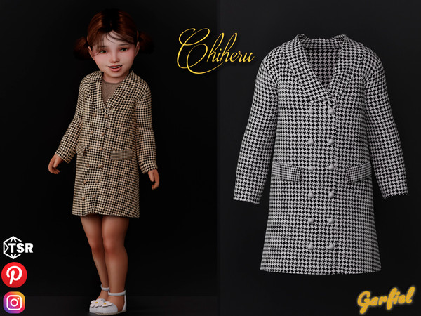 Sims 4 — Chiheru - Buttoned plaid coat by Garfiel — Cute button plaid coat dress and knitted sweater