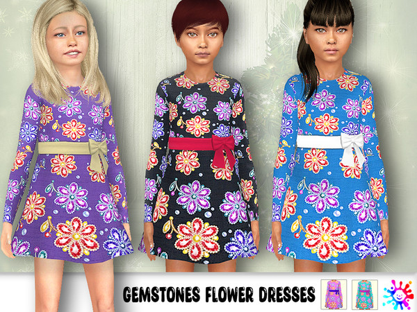 Sims 4 — Gemstone Flowers Dress by Pelineldis — Five cute long-sleeved dresses with gemstone flowers dress for girls.