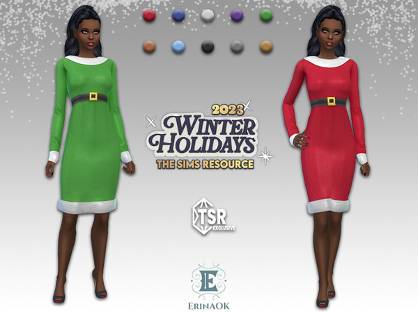 Sims 4 — Womens Santa Dress by ErinAOK — Women's Silk Crepe Dress with Leather Belt & Fur Trim