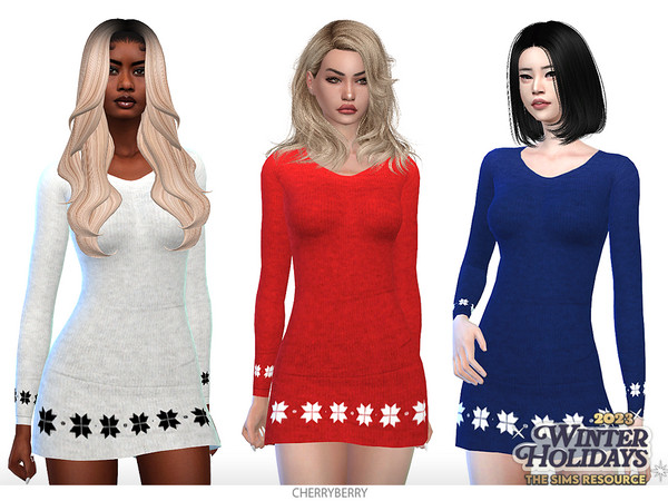 Sims 4 — Bona - Dress by CherryBerrySim — Winter cozy dress with snowflake pattern details