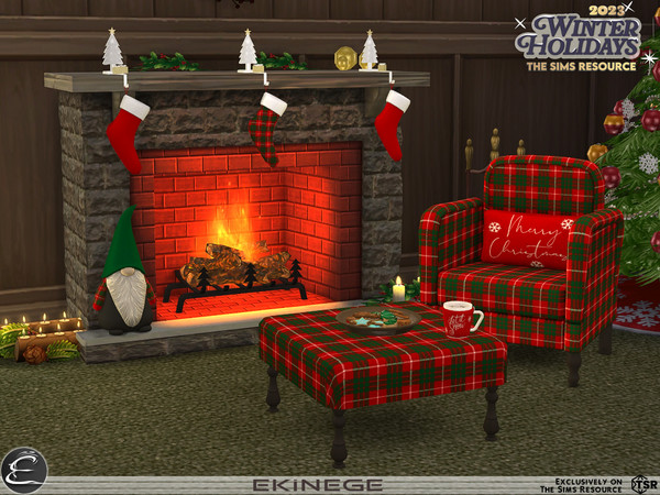 Sims 4 — Winter Holiday 2023 - Living Room by ekinege — A warm and cozy fireplace room.