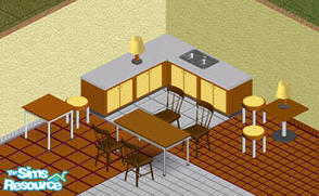 Sims 1 — Starting up Set by Shy_Lady — Includes: Tables(3), Chairs(2), Counter, Lamp, Walls(2), Floors(4)