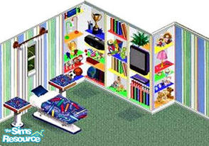 Sims 1 — Kids Room pt1 by STP Carly — Includes: Bed, Endtable, Curtains, Wall lights (3), Bookcase, Wallunit Stereo,