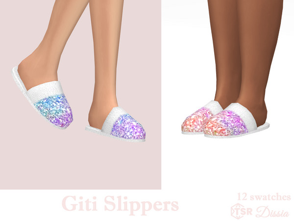 Sims 4 — Giti Slippers by Dissia — Glitter colorful shiny slippers with white fur