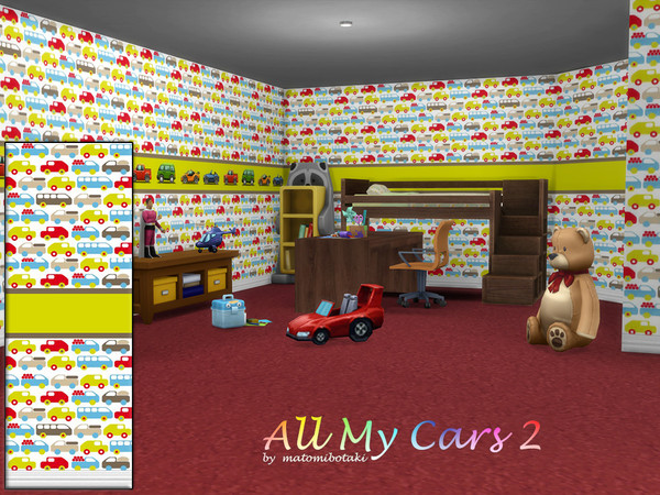Sims 4 — All My Cars 2.package by matomibotaki — Lots of little cars cavort around on this cute children's wallpaper, 4