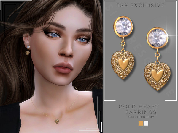 Sims 4 — Gold Heart Earrings by Glitterberryfly — A gemstone earring with gold heat pendant. Comes in silver and gold