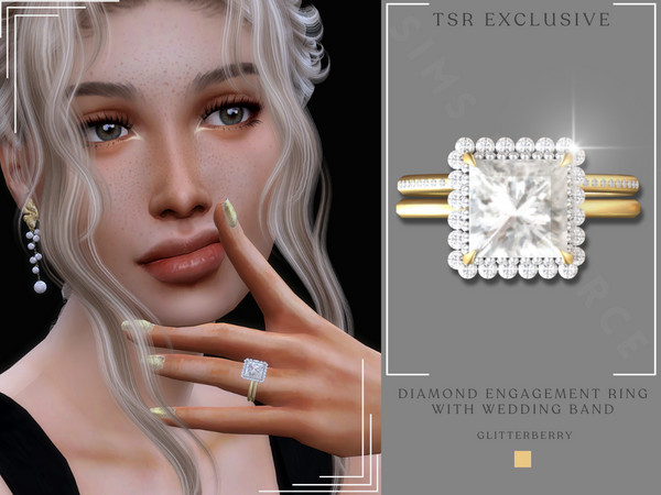 Sims 4 — Diamond Engagement Ring with Wedding Band by Glitterberryfly — A gold engagement ring with diamonds and a gold