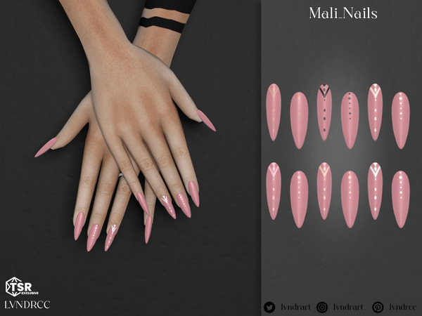 Sims 4 — Mali Nails by LVNDRCC — Long almonds decorated with dotty and geometric triangle detail, on light pink base,