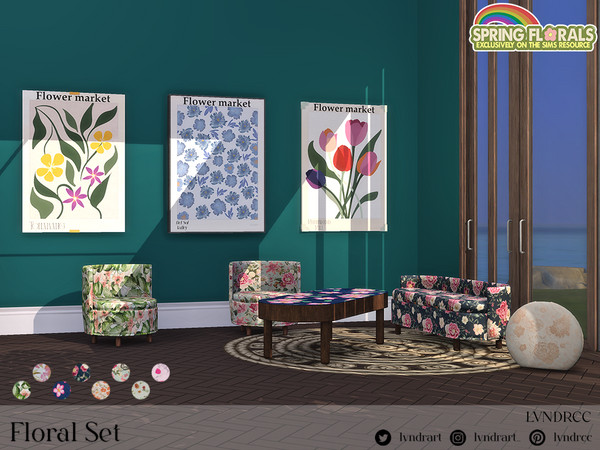 Sims 4 — Floral Set by LVNDRCC — Comfort set with variety of flower patterns, perfect to liven up reading nook or living