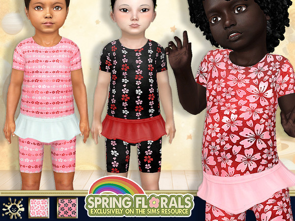 Sims 4 — Cherry Blossom Jumpsuit by Pelineldis — Cute jumpsuits for toddler girls with cherry blossom patterns in red,