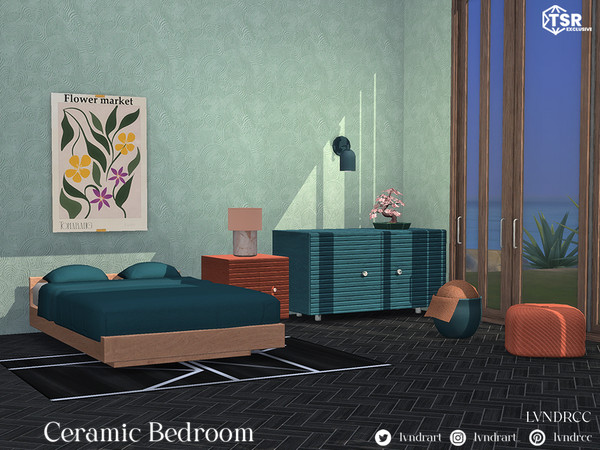Sims 4 — Ceramic Bedroom by LVNDRCC — Comfortable bedroom set with light and colourful wood and inviting shades of