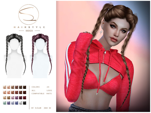 Sims 4 — Double braids hairstyle 060424 by S-Club — Double braids hairstyle with 24 colors, hope you like, thank you.
