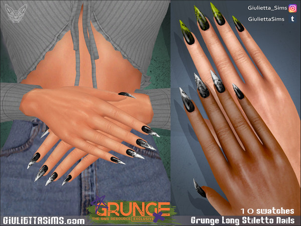 Sims 4 — Grunge Long Stiletto Nails by feyona — Grunge Long Stiletto Nails come with 10 swatches. * Fingernail category