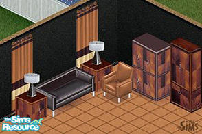 Sims 1 — Belagio Room by CactusWren — Includes: Bookcase, Chair, Loveseat, Lamp, Endtable, Dresser, Drape