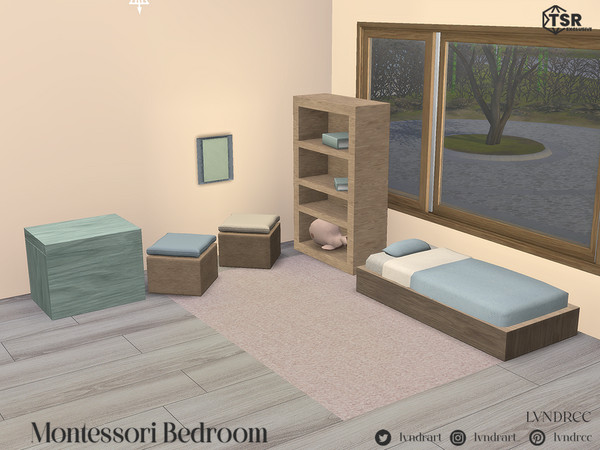 Sims 4 — Montessori Bookshelf by LVNDRCC — Light and soft toddler bedroom, full of soft fabrics, warm and light wood and