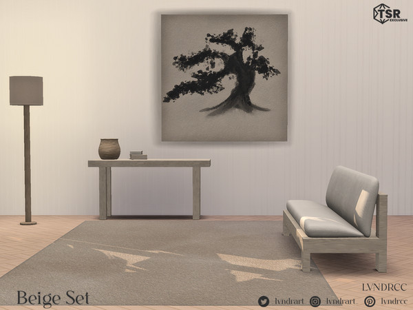 Sims 4 — Beige Set by LVNDRCC — Living room set, with minimalist wood and light fabrics in three shades of beige and