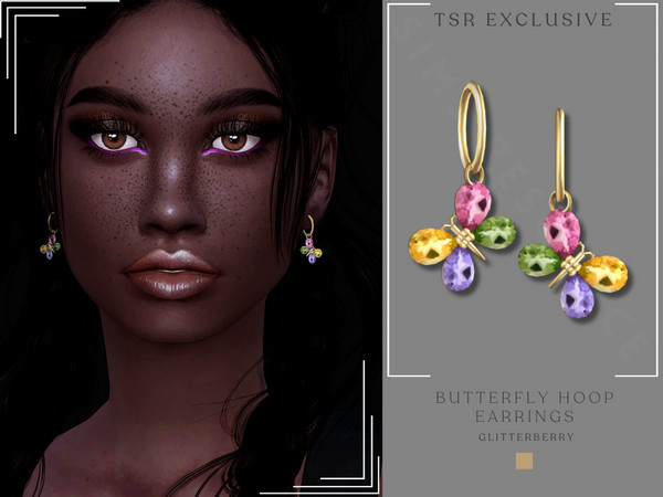 Sims 4 — Gemstone Butterfly Hoops by Glitterberryfly — A gold hoop earring with gemstone butterfly