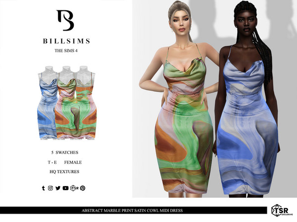Sims 4 — Abstract Marble Print Satin Cowl Midi Dress by Bill_Sims — This dress features an abstract marble print, a cowl