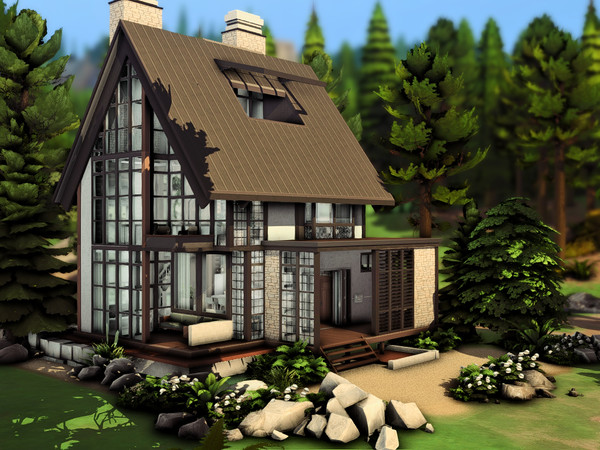 Sims 4 — Cabin in the Woods (NO CC) by plumbobkingdom — In the heart of the forest stands this modern cabin, harmonizing