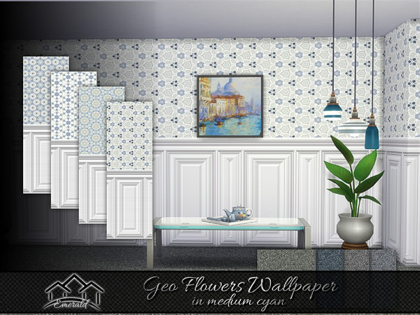 Sims 4 — Geo Flowers Wallpaper in medium cyan by Emerald — Add shades of warmth with geometric flowers wallpaper.