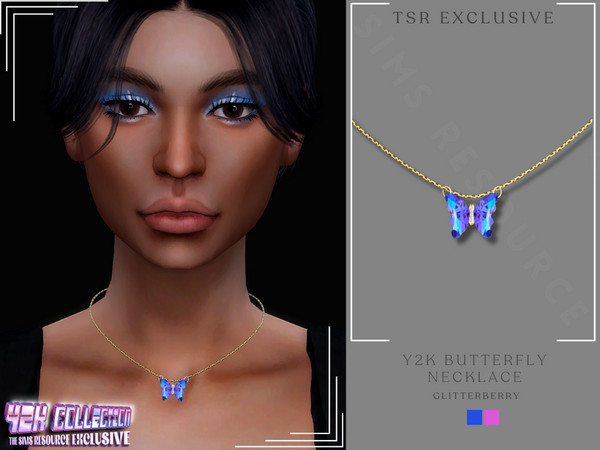 Sims 4 — Y2K Butterfly Necklace by Glitterberryfly — A blue gemstone chain necklace