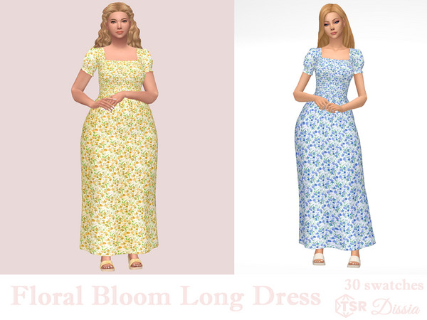 Sims 4 — Floral Bloom Long Dress by Dissia — Short sleeves square cleavage long smocked top flowers pattern dress