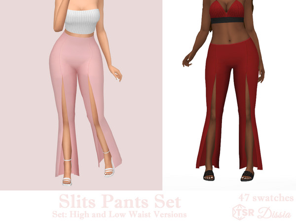 Sims 4 — Low Waist Slits Pants by Dissia — Slits long solids pants in two versions - high or low waist