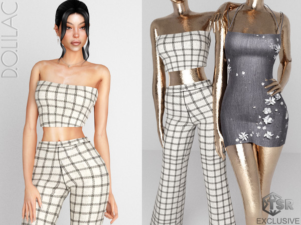 Sims 4 — Plaid Patterned Flare Pants Set DO0382 by DOLilac — Custom thumbnail