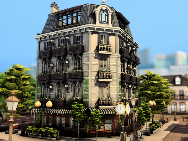 Sims 4 — Bristo with Apartments (NO CC) by plumbobkingdom — This French-designed building features a cozy bistro on the