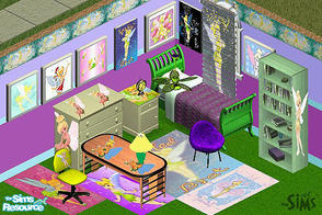 Sims 1 — Tinkerbell Bedroom Set by Voakley — Includes: Rugs(4), Paintings(7), Blind, Alarm Clock, Bed, Chair, Desk, Desk