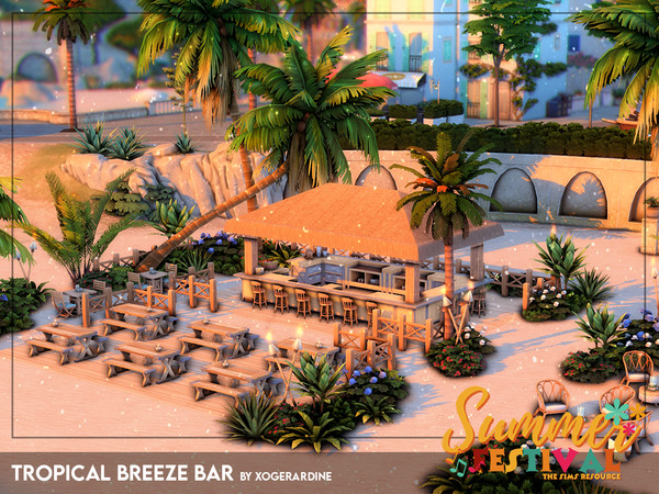Sims 4 — Tropical Breeze Bar - Summer Festival (NO CC) by xogerardine — A vibrant beachside bar with a sunset view,