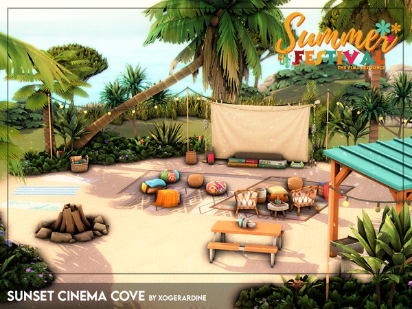 Sims 4 — Sunset Cinema Cove - Summer Festival (NO CC) by xogerardine — A beachfront paradise where you can enjoy films