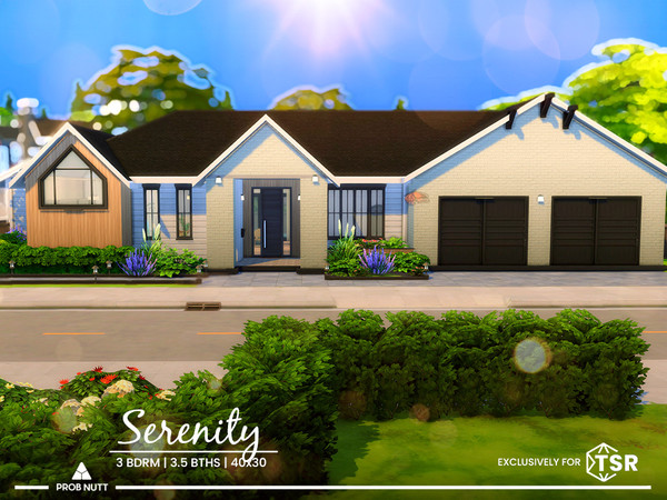 Sims 4 — Serenity by ProbNutt — Serenity is a one-level home and it presents a fresh exterior with brick accents and a