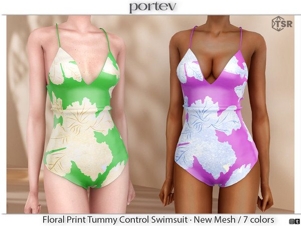 Sims 4 — Floral Print Tummy Control Swimsuit by portev — New Mesh