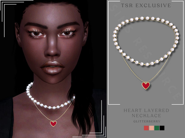 Sims 4 — Heart Layered Necklace by Glitterberryfly — A pearl necklace with a gold heart pendant chain