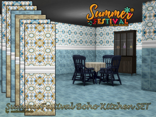 Sims 4 — SummerFestival Boho Kitchen SET by matomibotaki — Attractive tiled walls in 2 colours and 3 different designs,
