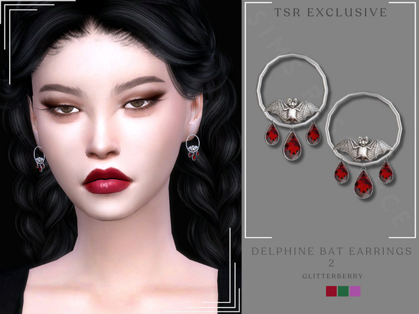 Sims 4 — Delphine Bat Earrings v2 by Glitterberryfly — A silver bat earring with rubies