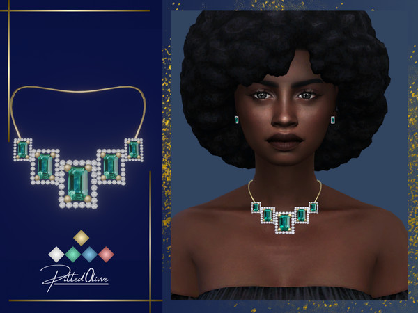 Sims 4 — Darcy Necklace by Pitted0live — Multiple emerald cut gemstones surrounded by diamonds, on a gold chain Custom