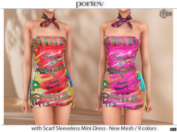 Sims 4 — with Scarf Sleeveless Mini Dress by portev — New Mesh